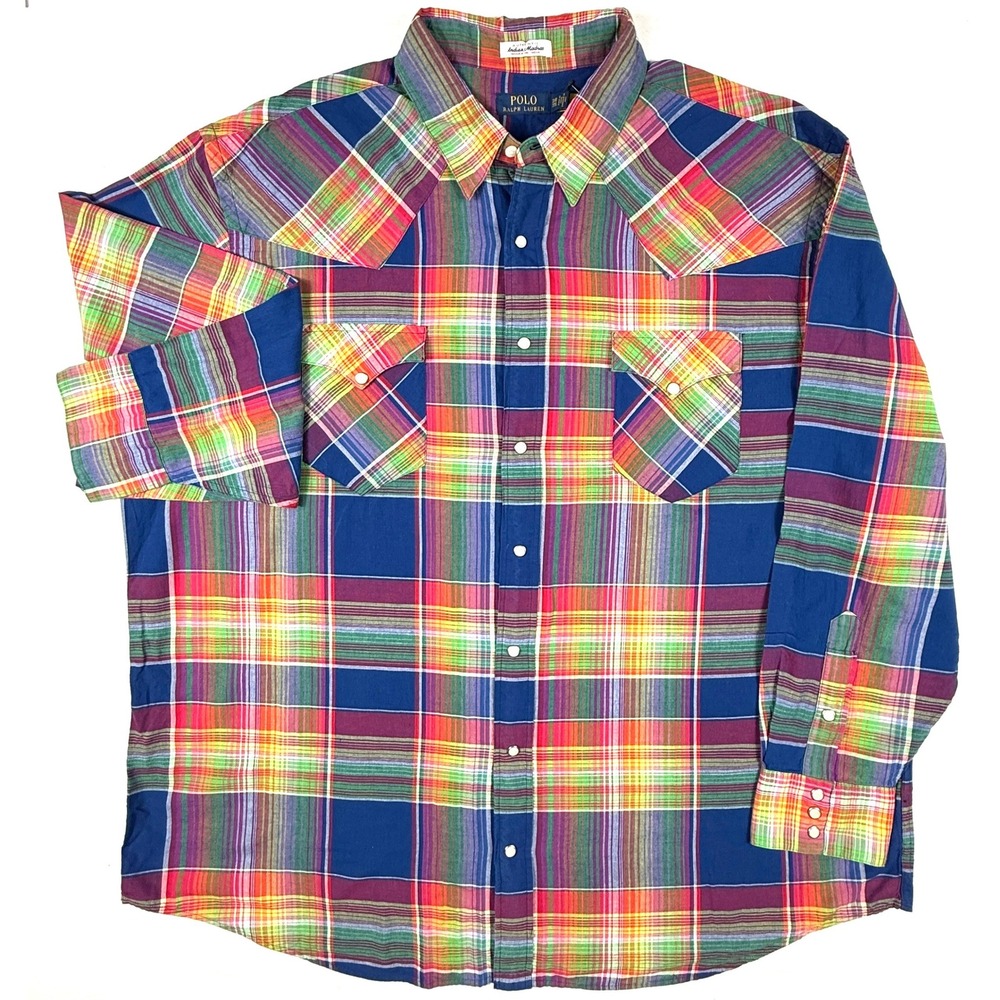 NWT Polo Ralph Lauren Mens 3XB Plaid COLORFUL Indian Madras Western Snap Shirt - Picture 3 of 9